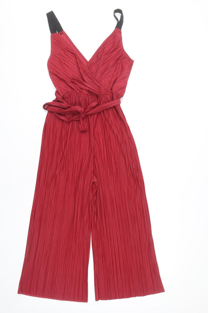 Topshop Women’s Red Pleated Wide-Leg Jumpsuit UK 8 Sleeveless V-Neck