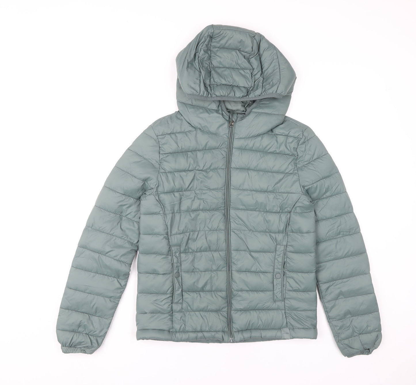 Pull&Bear Womens XS Green Puffer Jacket Hooded Lightweight Coat