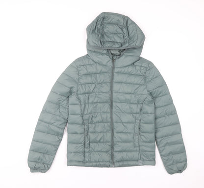 Pull&Bear Womens XS Green Puffer Jacket Hooded Lightweight Coat