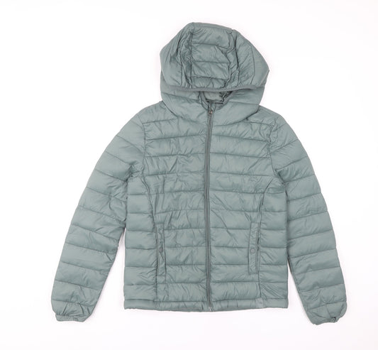 Pull&Bear Womens XS Green Puffer Jacket Hooded Lightweight Coat