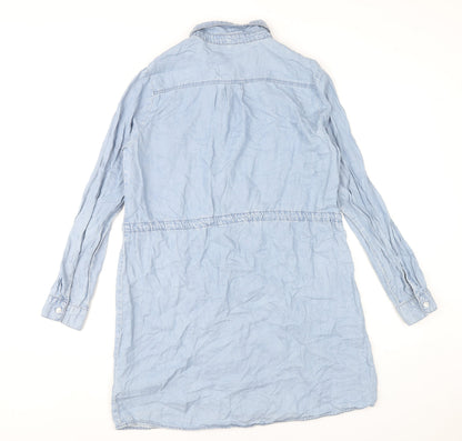 H&M Divided Womens Blue Lyocell Shirt Dress Size 10 Casual Long Sleeve