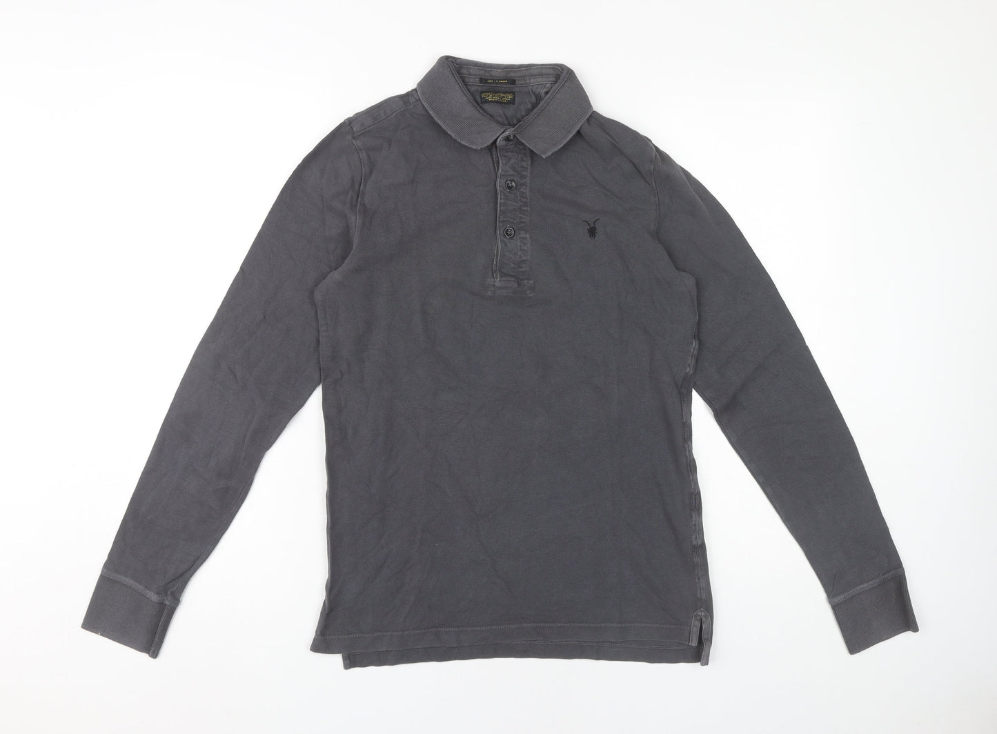 AllSaints Men’s Grey Polo Shirt XS Slim Fit Long Sleeve Cotton