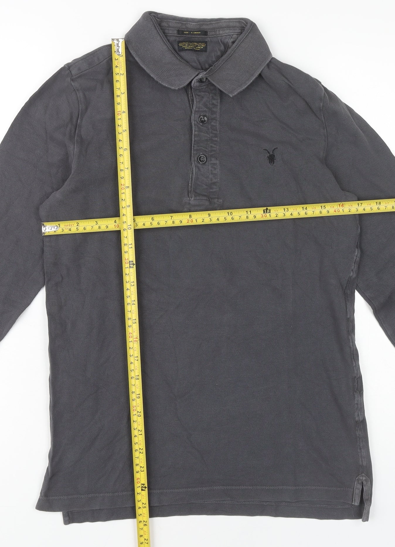 AllSaints Men’s Grey Polo Shirt XS Slim Fit Long Sleeve Cotton