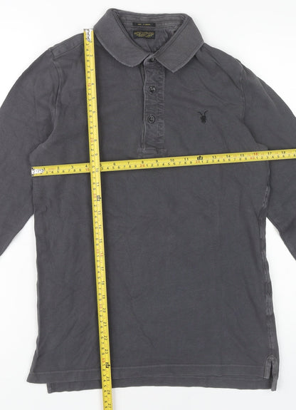 AllSaints Men’s Grey Polo Shirt XS Slim Fit Long Sleeve Cotton