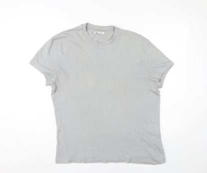 Zara Men Grey Cotton Crew Neck T-Shirt M Regular Fit Short Sleeve