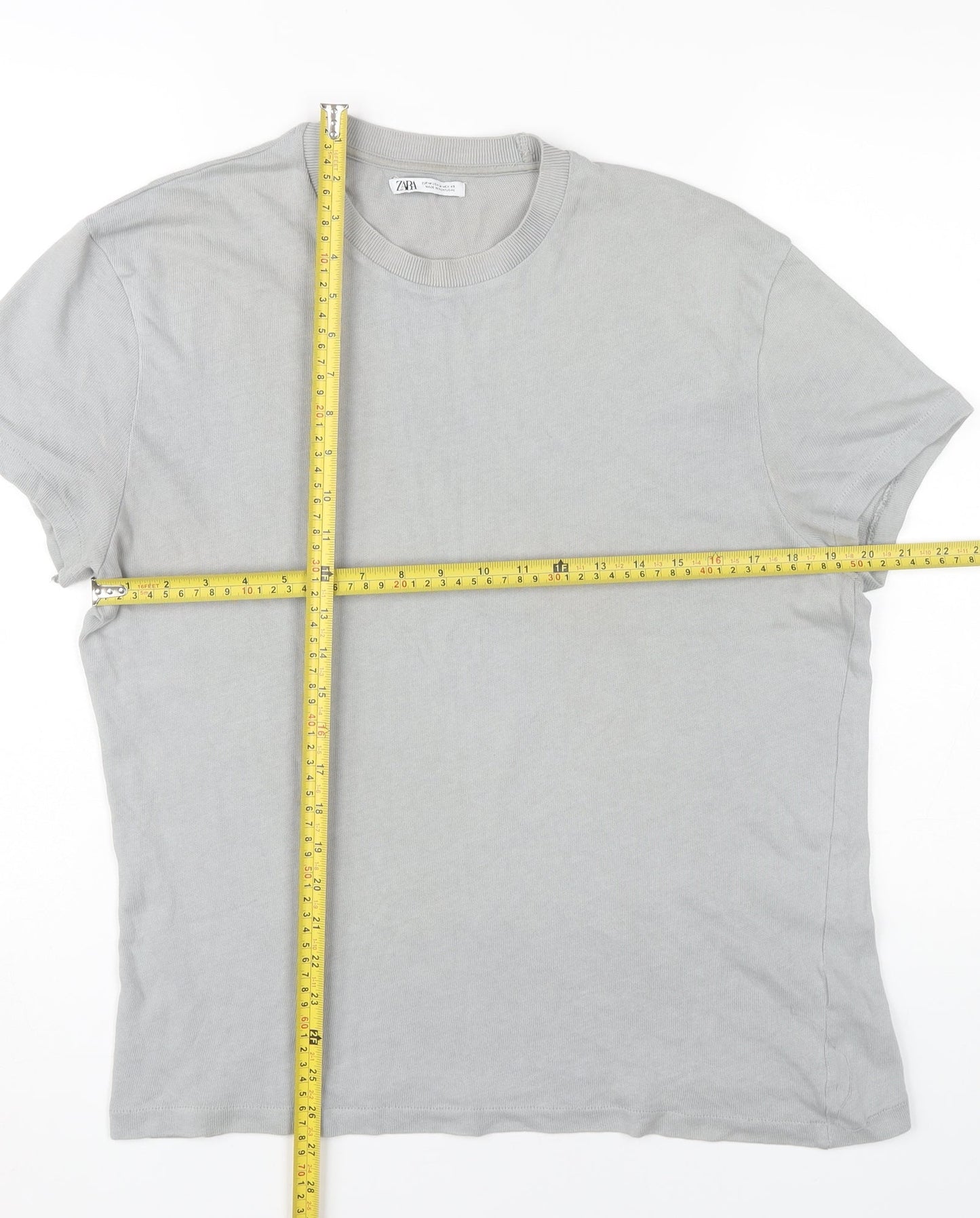 Zara Men Grey Cotton Crew Neck T-Shirt M Regular Fit Short Sleeve