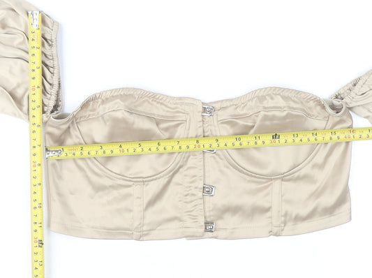 PrettyLittleThing Womens Beige Off Shoulder Satin Cropped Blouse UK 12
