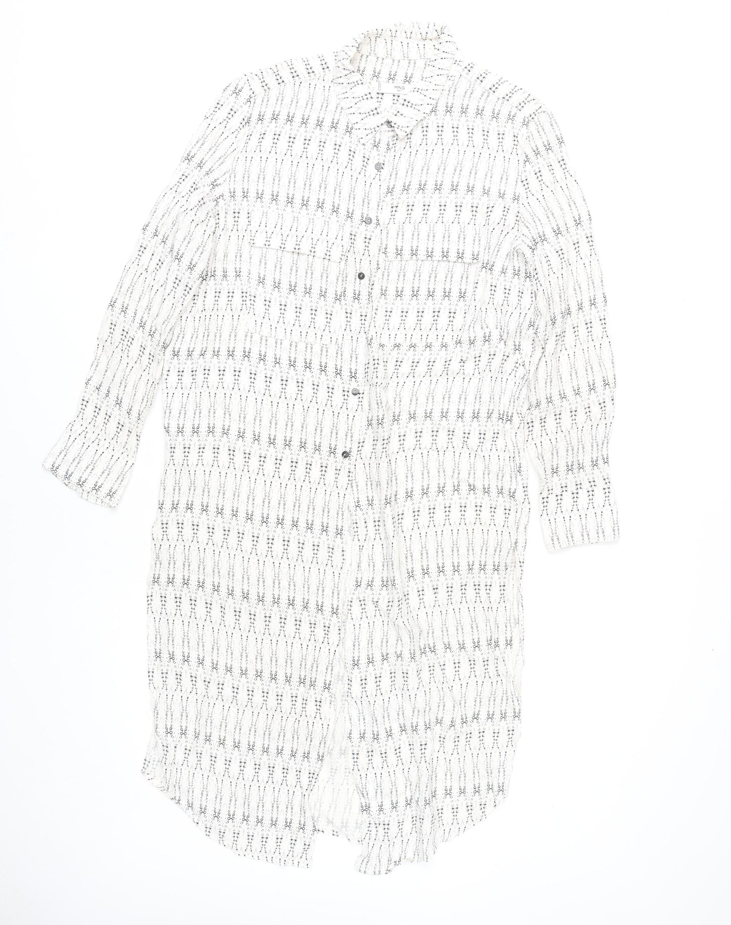 Mango Women’s White Geometric Shirt Dress XS Long Sleeve Viscose