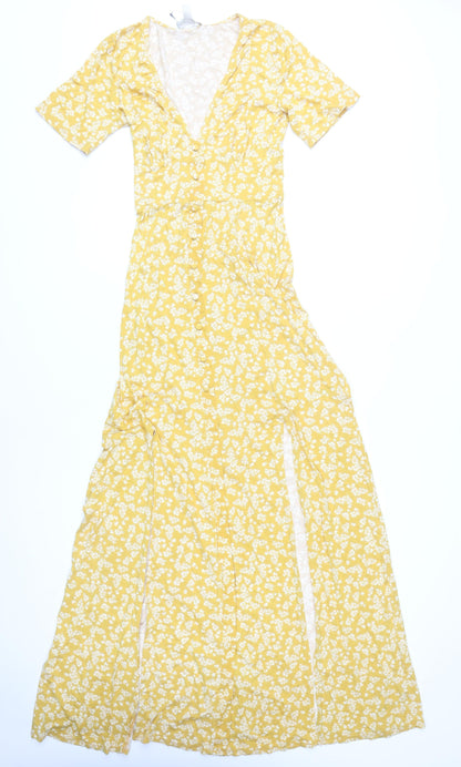 ASOS Women’s Yellow Floral V-Neck Button Front Long Wrap Dress Size 8