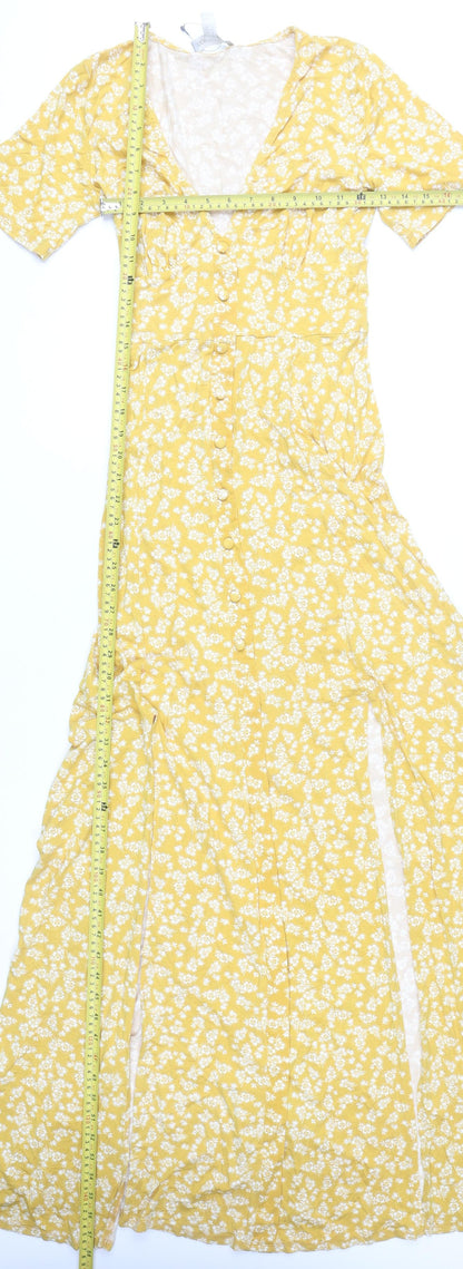 ASOS Women’s Yellow Floral V-Neck Button Front Long Wrap Dress Size 8