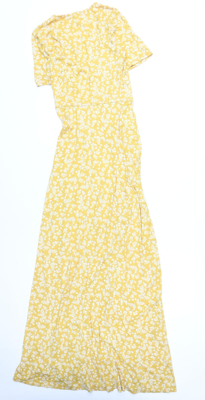 ASOS Women’s Yellow Floral V-Neck Button Front Long Wrap Dress Size 8