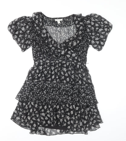 Topshop Women’s Black Floral Puff Sleeve Mini Dress Size 8