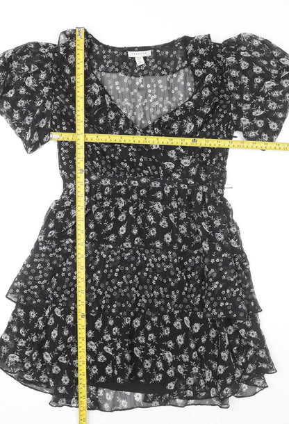 Topshop Women’s Black Floral Puff Sleeve Mini Dress Size 8