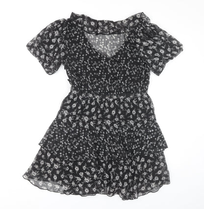 Topshop Women’s Black Floral Puff Sleeve Mini Dress Size 8