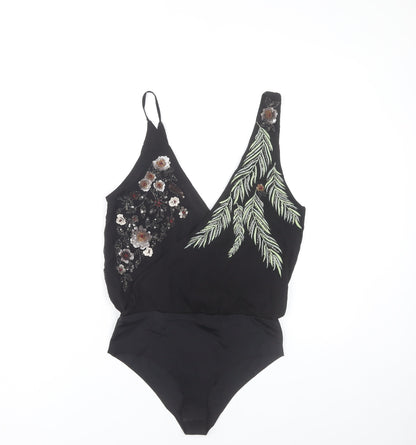 Zara Women’s Black Embroidered Bodysuit Size S V-Neck Sleeveless