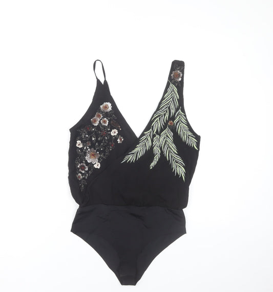 Zara Women’s Black Embroidered Bodysuit Size S V-Neck Sleeveless