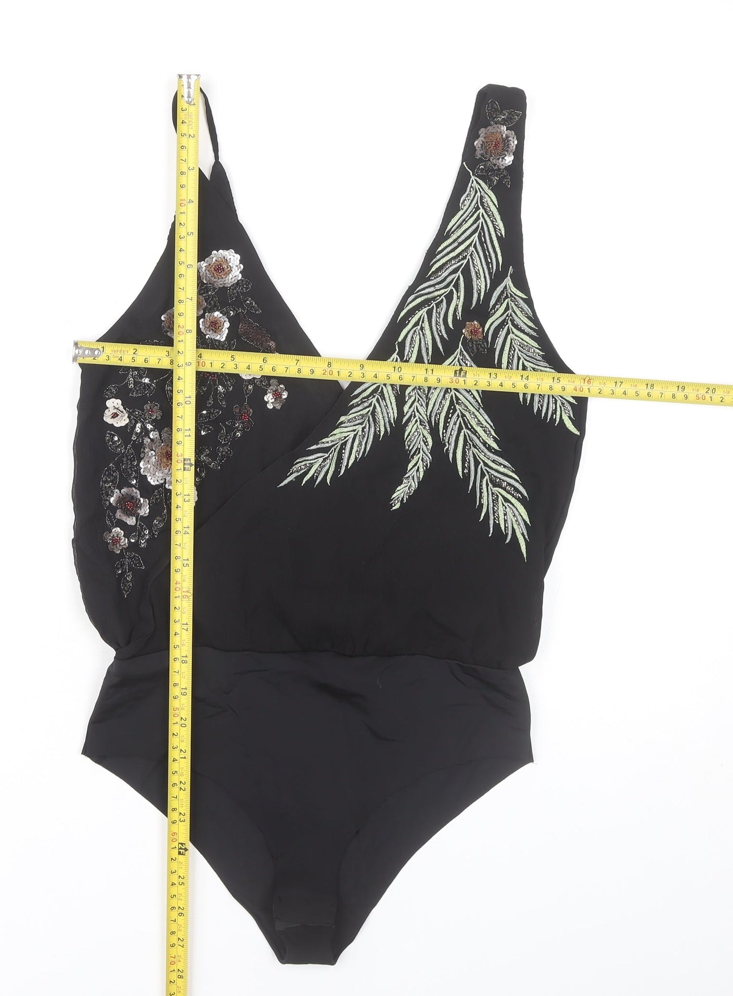 Zara Women’s Black Embroidered Bodysuit Size S V-Neck Sleeveless