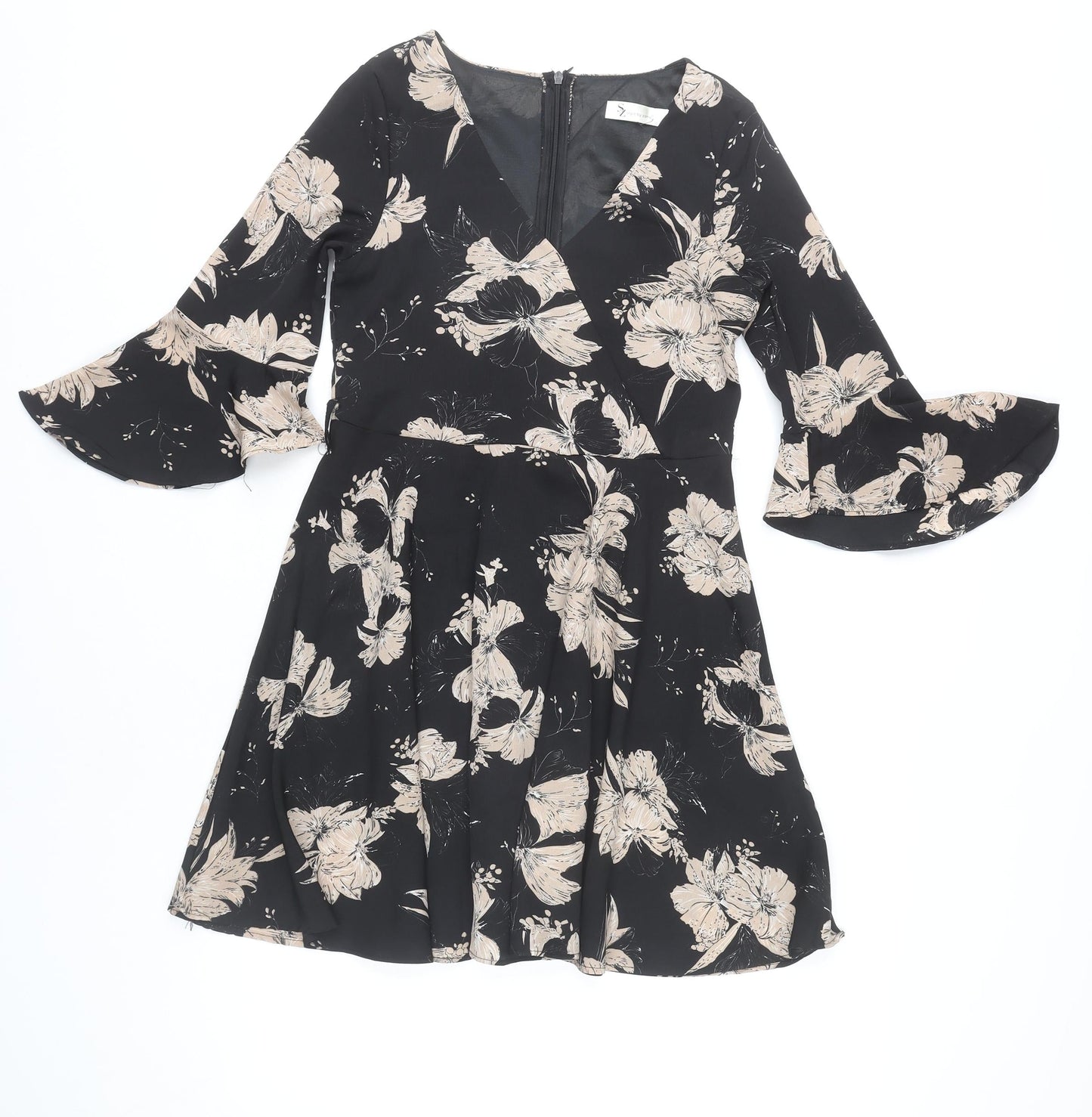 Style By Zone Women’s Black Beige Floral A-Line Wrap Dress M