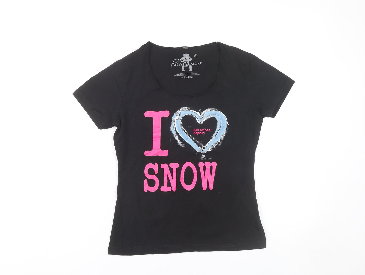 Palawan Womens Black Scoop Neck Graphic Snow Print T-Shirt Size S