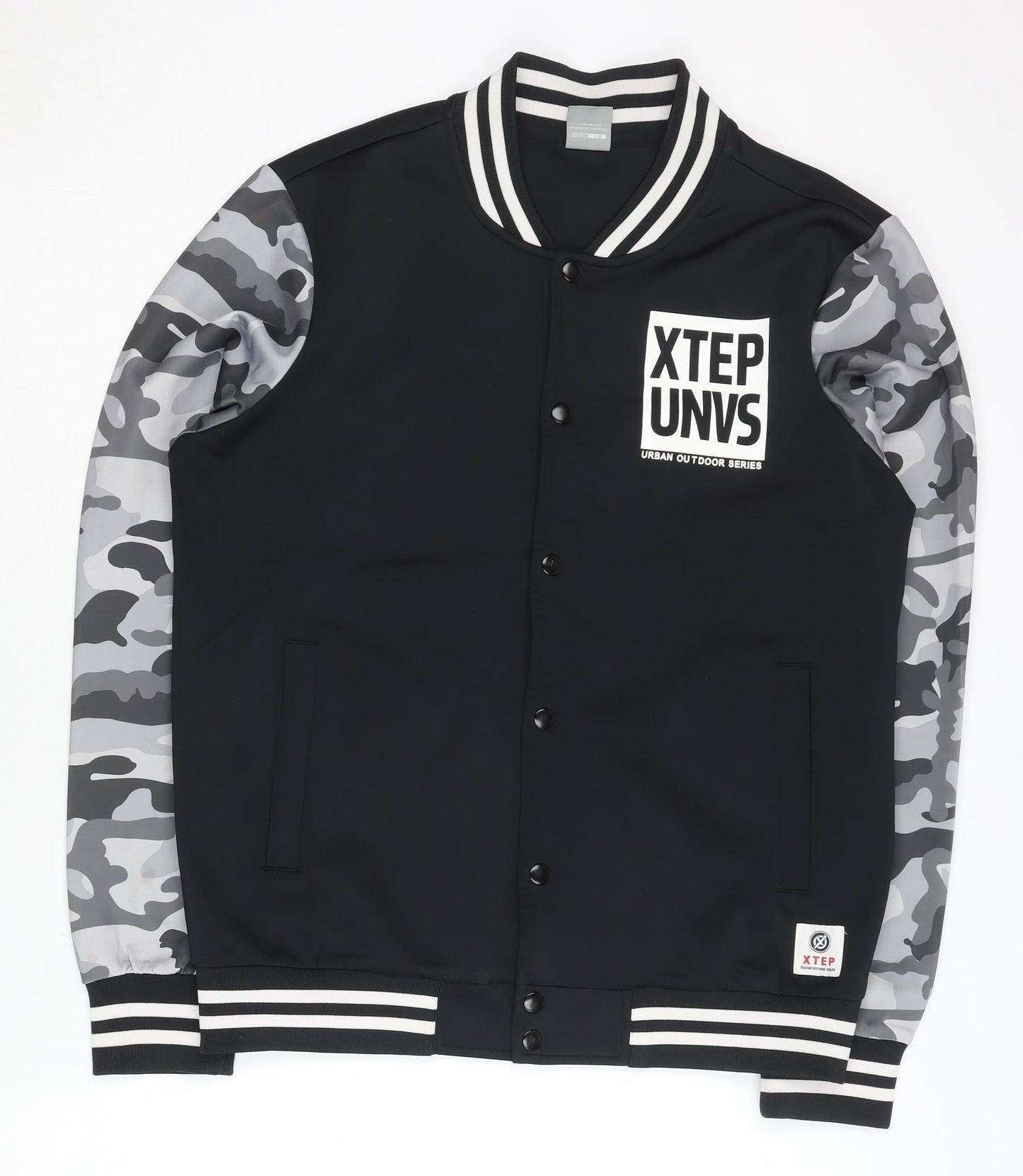 Xtep Men’s Black Varsity Jacket M Camouflage Sleeves Logo Casual