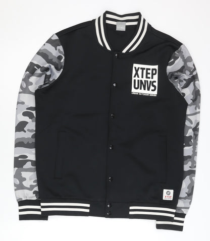Xtep Men’s Black Varsity Jacket M Camouflage Sleeves Logo Casual