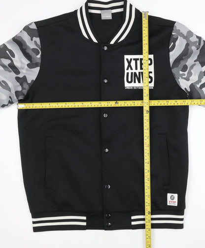 Xtep Men’s Black Varsity Jacket M Camouflage Sleeves Logo Casual