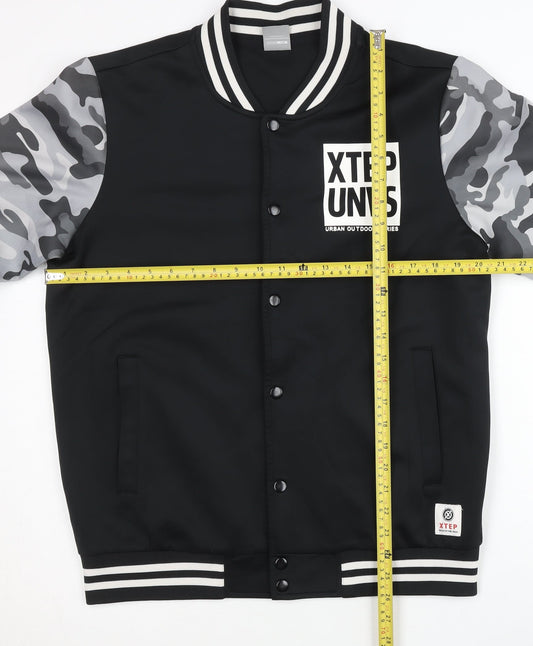 Xtep Men’s Black Varsity Jacket M Camouflage Sleeves Logo Casual