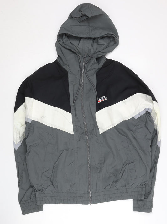 Nike Men’s Grey Black White Windbreaker Jacket M Hooded Lightweight