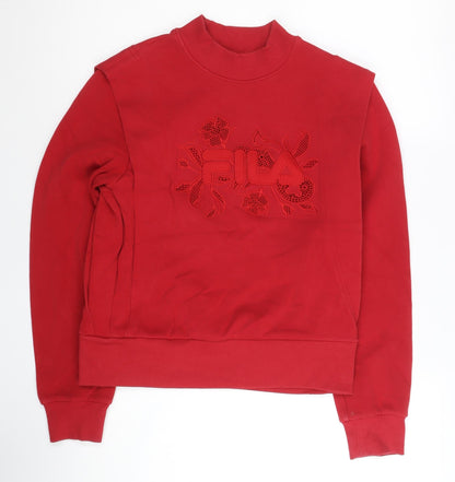 Fila Womens Red Sweatshirt UK 6 Cotton Blend Floral Logo Pullover
