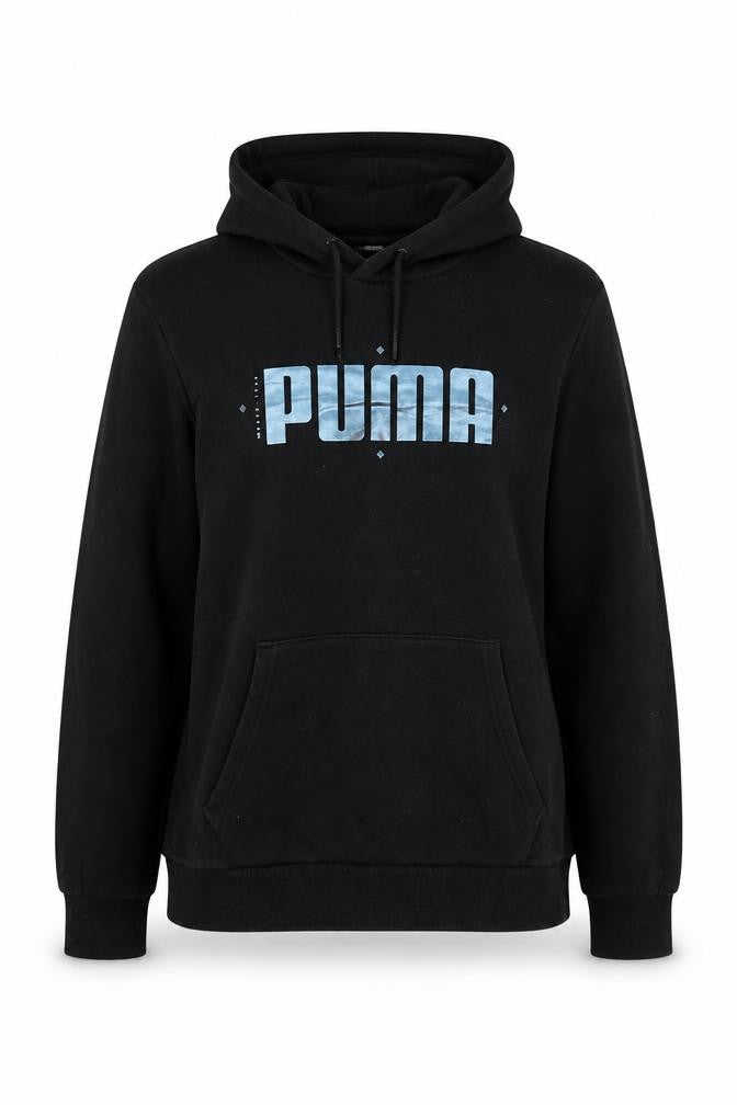 Front view of Puma unisex black pullover hoodie, size S, cotton blend sportswear