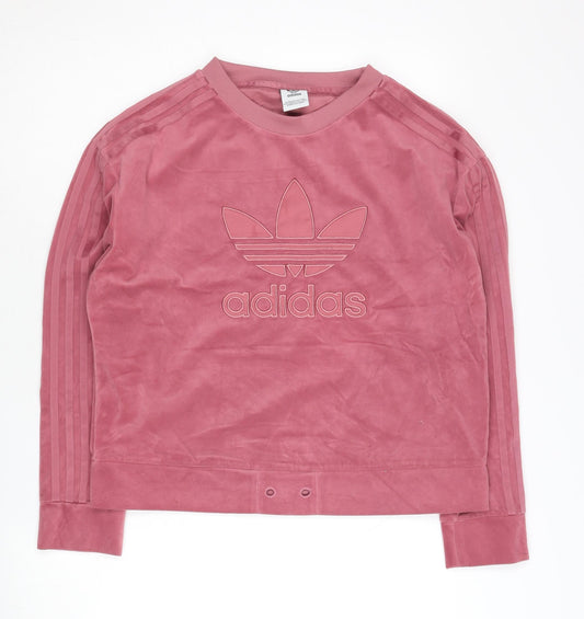 Adidas Women Pink Velour Logo Sweatshirt Size 10 Regular Fit