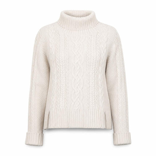 Front view of French Connection women’s beige wool roll neck cable knit jumper s