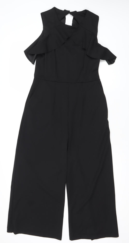 Warehouse Women’s Black One Shoulder Wide-Leg Ruffle Jumpsuit Size 12