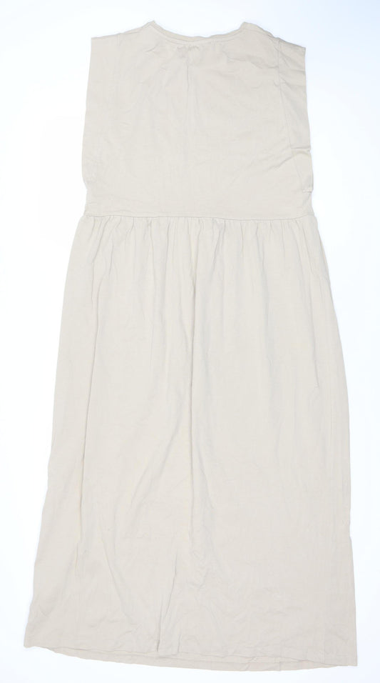 ZARA Women Beige A-Line Midi Dress Size 12 Sleeveless Cotton