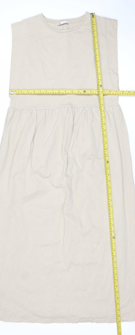 ZARA Women Beige A-Line Midi Dress Size 12 Sleeveless Cotton