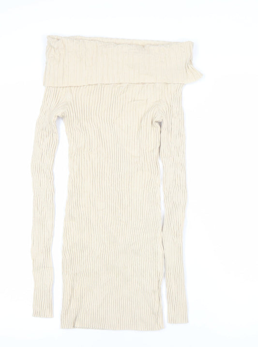 Urban Outfitters Women’s Beige Off Shoulder Ribbed Bodycon Dress S