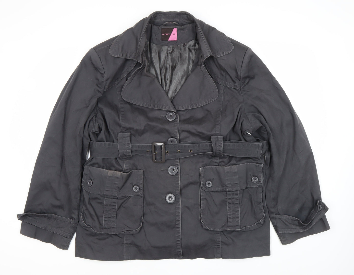 JO THIRTY Women's Black Trench Coat Size 22 Belted Mid-Length