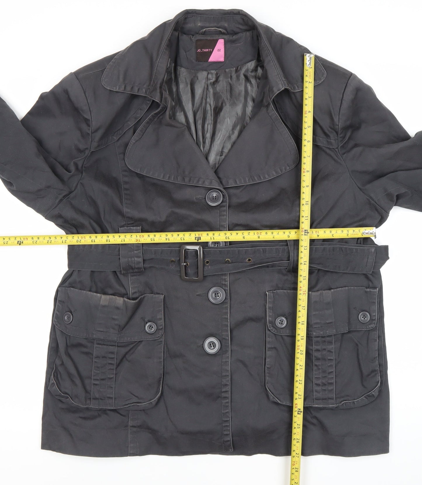 JO THIRTY Women's Black Trench Coat Size 22 Belted Mid-Length