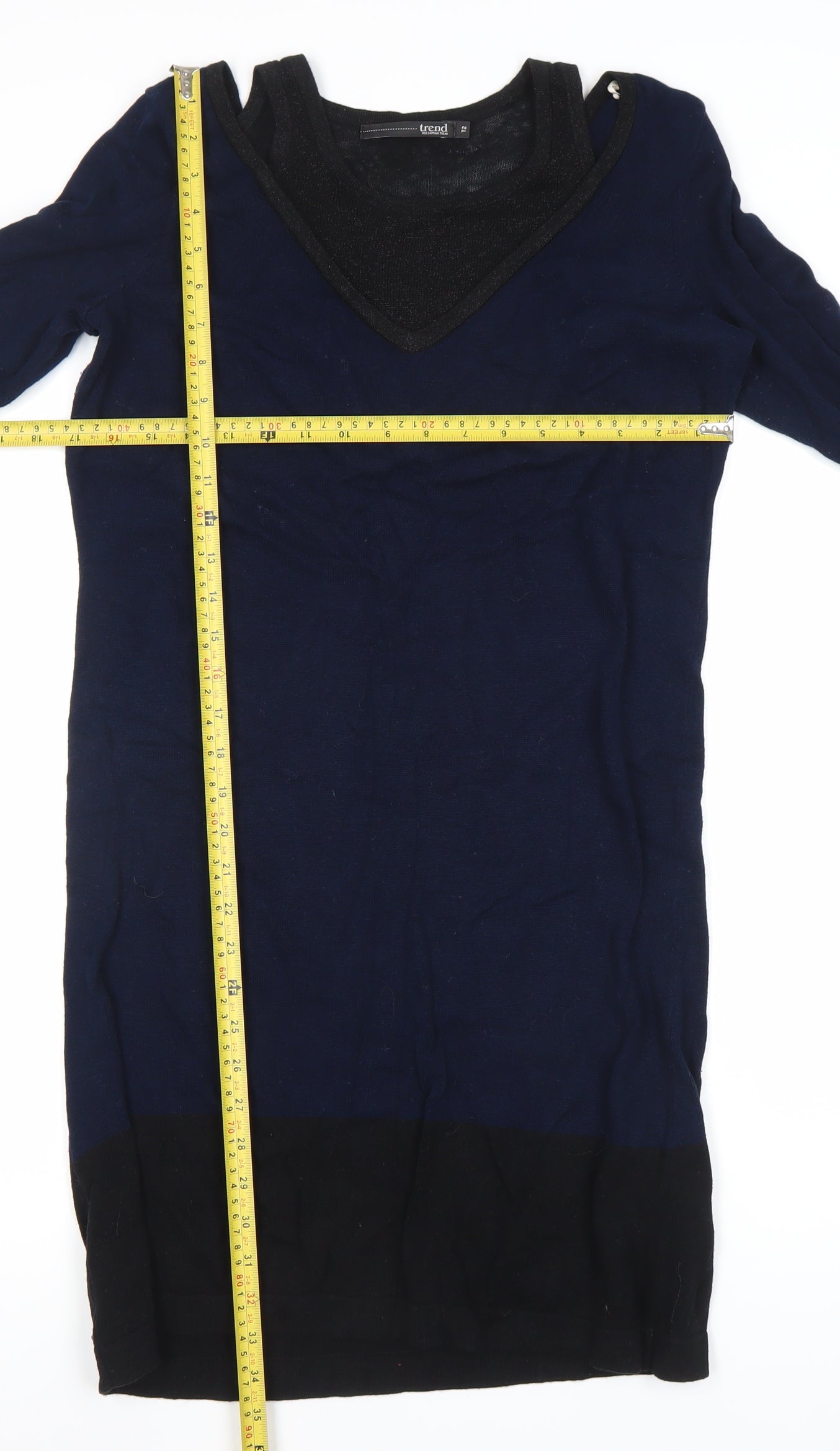 Trend Women’s Blue Black Colourblock Jumper Dress Size 12 Long Sleeve Knit