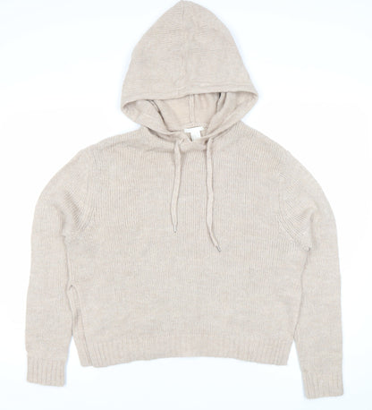 H&M Women’s Beige Hooded Knit Pullover Jumper XS Relaxed Fit