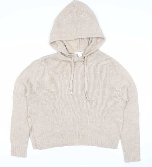 H&M Women’s Beige Hooded Knit Pullover Jumper XS Relaxed Fit