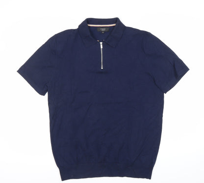 Next Men's Blue Cotton Nylon Polo Shirt M Short Sleeve Zip Collar
