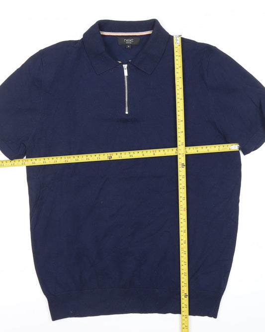 Next Men's Blue Cotton Nylon Polo Shirt M Short Sleeve Zip Collar