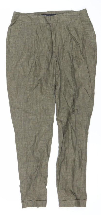 Zara Basic Womens Brown Linen Straight Trousers Size 8