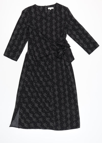 Warehouse Womens Black Geometric Wrap Dress Size 8 Midi 3/4 Sleeve