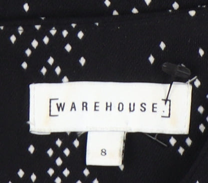 Warehouse Womens Black Geometric Wrap Dress Size 8 Midi 3/4 Sleeve