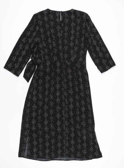 Warehouse Womens Black Geometric Wrap Dress Size 8 Midi 3/4 Sleeve