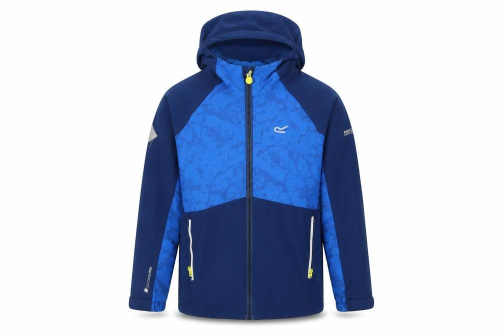 Front view of Regatta boys’ blue soft shell hooded jacket 9-10 years water resistant