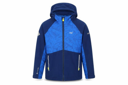 Front view of Regatta boys’ blue soft shell hooded jacket 9-10 years water resistant