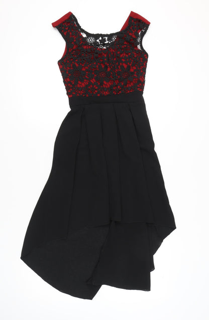 Mela London Women’s Black Red Lace A-Line Hi-Low Dress UK 8